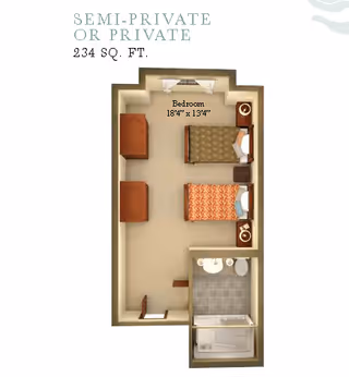 Floor plan of a semi-private or private bedroom in a senior living facility measuring 234 square feet. The room includes two beds, two nightstands, two chairs, and a private bathroom with a shower, toilet, and sink.