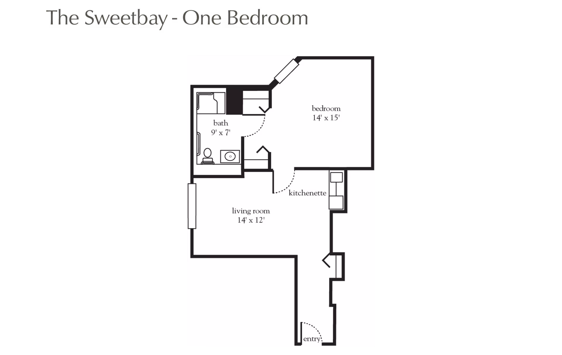 Floor plan titled The Sweetbay - One Bedroom showing a layout with a bedroom measuring 14 by 15 feet, a bath measuring 9 by 7 feet, a living room measuring 14 by 12 feet, a kitchenette, and an entry area.