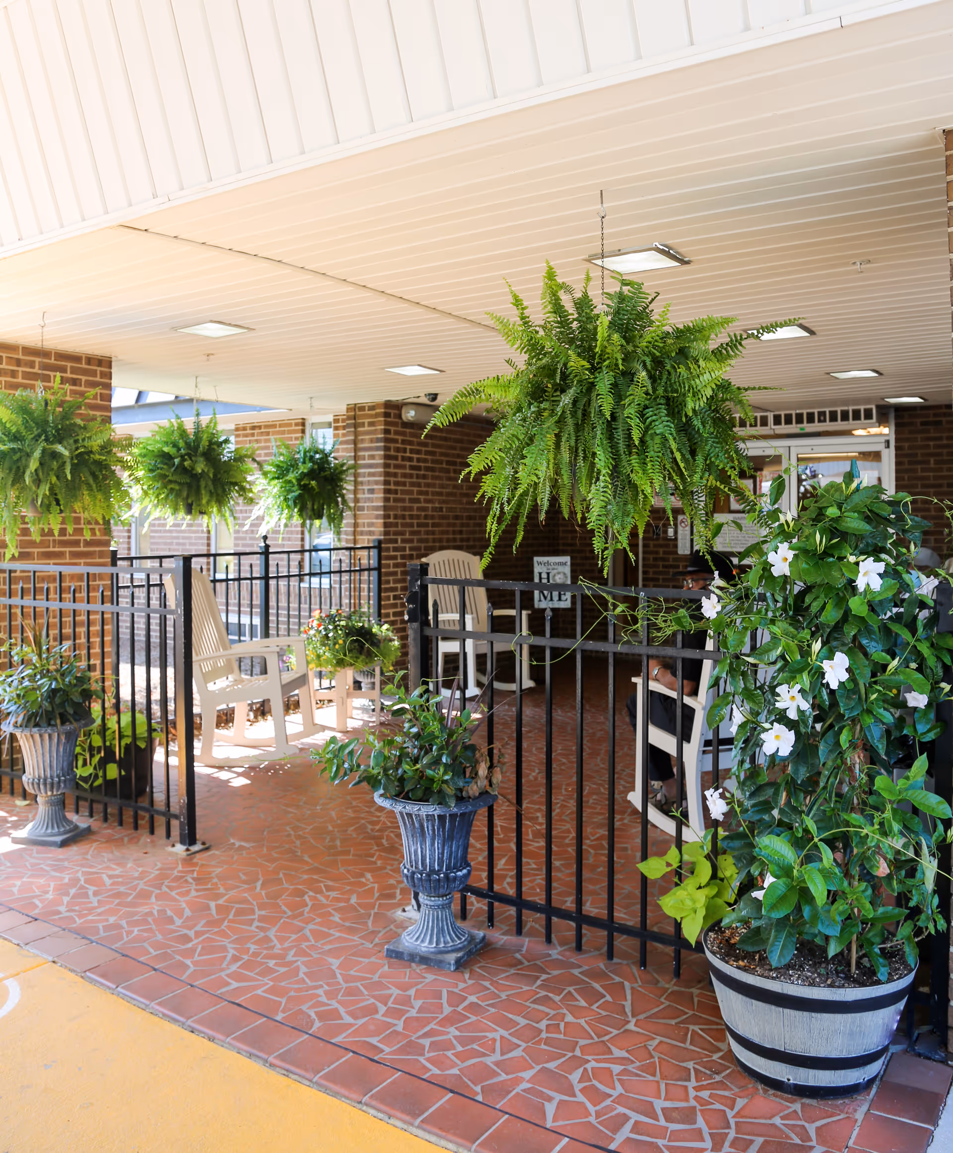Covered outdoor patio area with hanging green ferns and potted plants. There are white chairs arranged behind a black metal fence, with a brick wall and entrance door in the background.