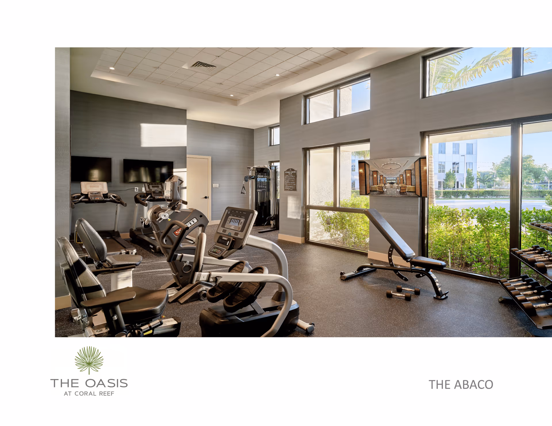 Bright fitness center with cardio machines, a weight bench and dumbbells in front of large windows overlooking landscaped grounds.