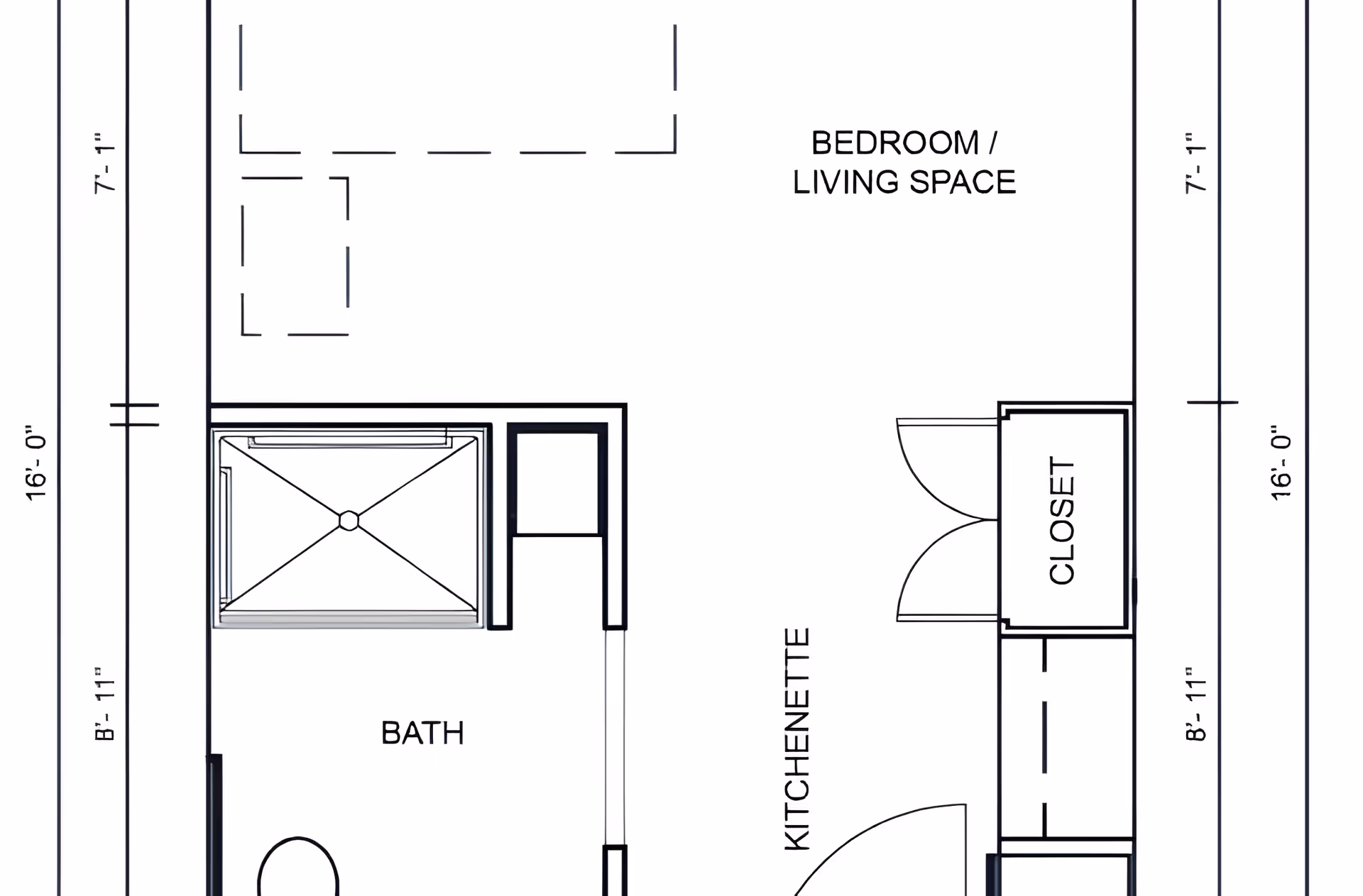 Architectural floor plan showing a layout with a bath, kitchenette, closet, and a combined bedroom/living space. Dimensions are marked along the sides.