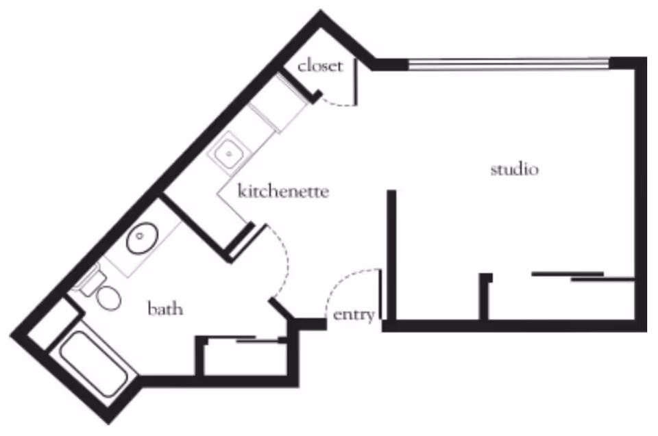 Floor plan of a studio apartment at Atria Valley View showing an entry area, kitchenette, closet, bath with bathtub, toilet and sink, and a studio living space.