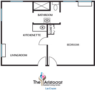 Floor plan of an assisted living unit at The Aristocrat showing a living room, kitchenette, bathroom, closet, and bedroom.