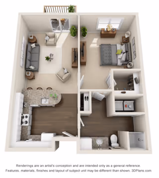 3D floor plan of a one-bedroom apartment featuring a living room with sofa and chairs, a kitchen with a breakfast bar and appliances, a bedroom with a bed and dresser, a bathroom with a shower and toilet, and a laundry area with washer and dryer. The living room has access to a small balcony with a plant.