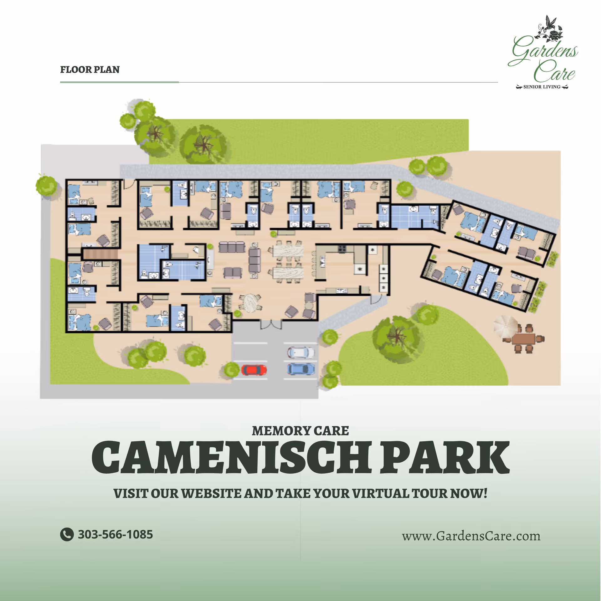 Floor plan layout of the Memory Care facility at Camenisch Park, showing multiple rooms including bedrooms, bathrooms, common areas, and outdoor spaces with trees and parking. The plan is labeled with the facility name Gardens Care Senior Living and includes contact information and website.