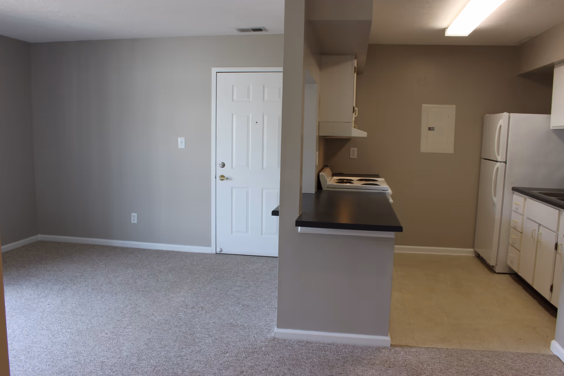 Carpeted living area with an entry door opening to a small kitchen with a stove, refrigerator and counter.