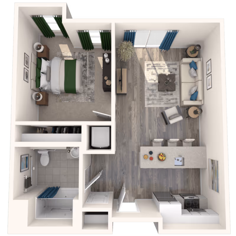 Top-down view of a one-bedroom apartment floor plan featuring a bedroom with a bed and nightstands, a bathroom with a shower, toilet, and sink, a living room with a sofa, armchair, coffee table, and TV, and an open kitchen with a countertop and three stools.