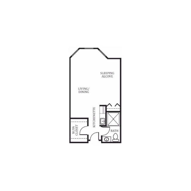 Floor plan of a studio apartment layout showing a sleeping alcove, living/dining area, kitchenette, walk-in closet, and bathroom.