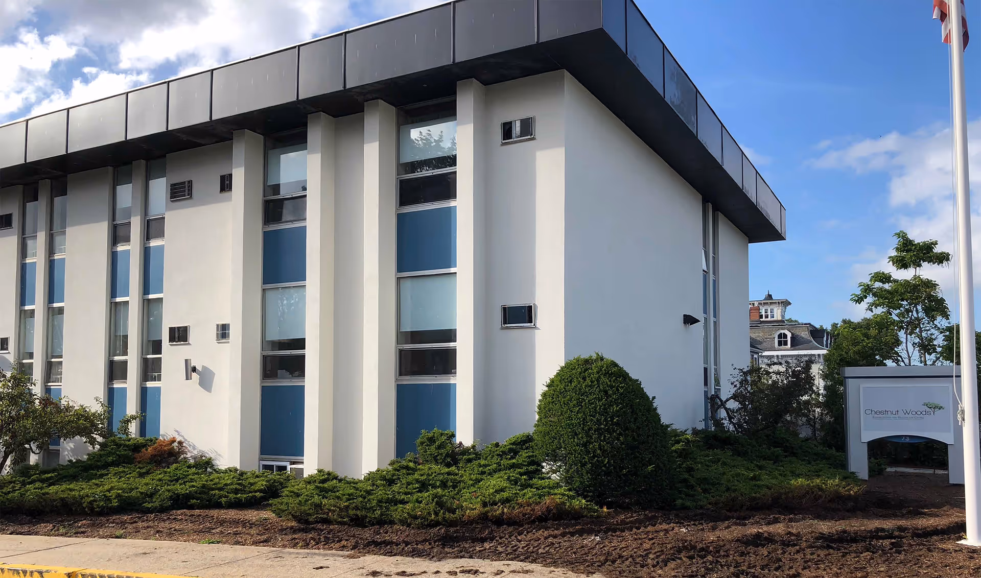 Front exterior of a white multi-story rehabilitation and healthcare building with vertical windows, shrubs, and a sign for Chestnut Woods.