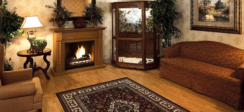 A cozy living room with a lit fireplace, a patterned area rug on wooden flooring, a brown patterned sofa, an armchair, a wooden side table with a lamp and plant, a large fish tank, and framed artwork on the wall.