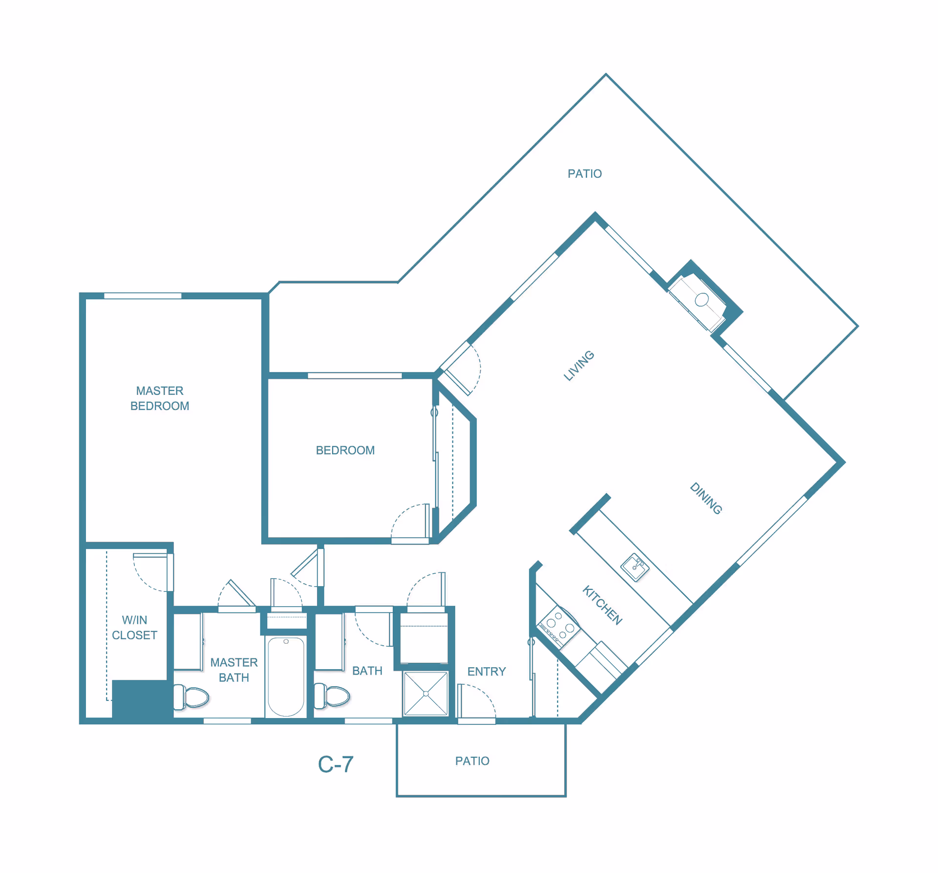 Architectural floor plan of a residential unit at Holiday Devonshire Estates showing two bedrooms including a master bedroom with walk-in closet, two bathrooms, a kitchen, dining area, living room, entry, and two patios.