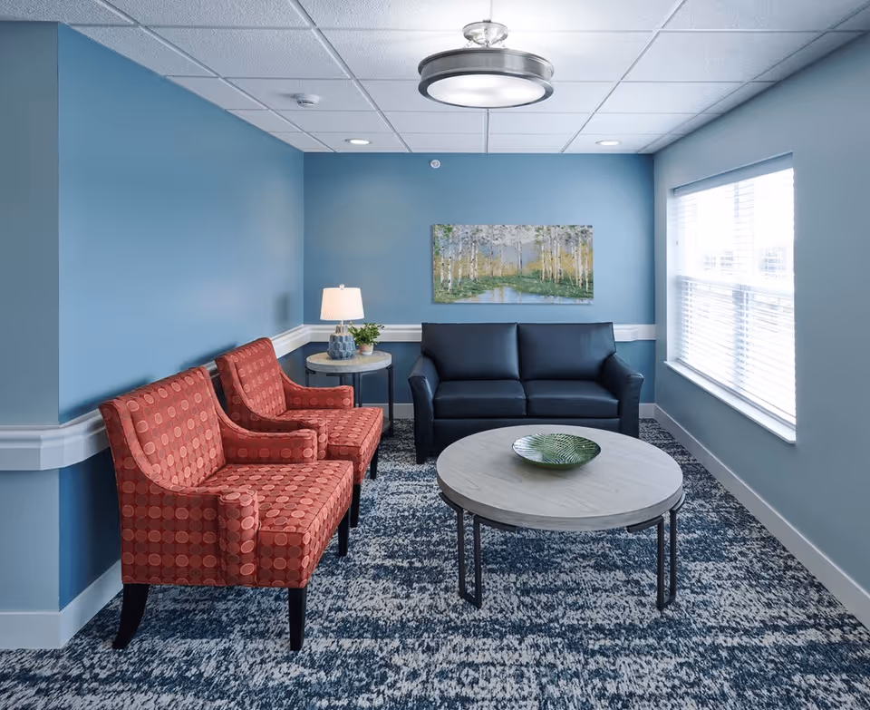 A cozy sitting area with two red patterned armchairs and a black leather sofa arranged around a round coffee table with a decorative green plate. The walls are painted blue, and there is a landscape painting above the sofa. A window with blinds lets in natural light, and a small side table with a lamp and a plant is placed between the armchairs and sofa. The floor is covered with a patterned carpet.