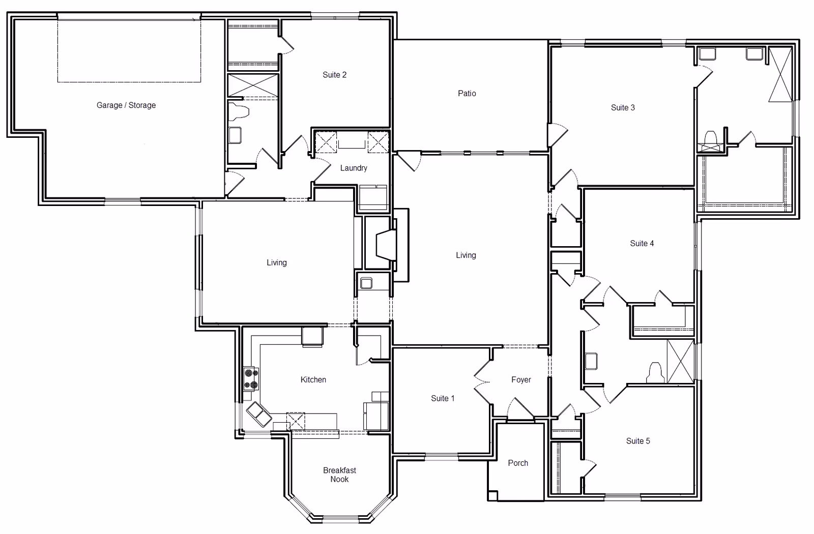 Architectural floor plan of a residential facility showing labeled rooms including five suites, two living areas, kitchen with breakfast nook, laundry, garage/storage, patio, foyer, and porch.