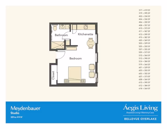 Floor plan of a studio apartment named Meydenbauer at Aegis Living Bellevue Overlake, showing a bedroom with a bed and two chairs, a kitchenette with a small table and two chairs, a bathroom with a toilet and sink, and a closet. The plan includes square footage details ranging from 329 to 419 square feet.