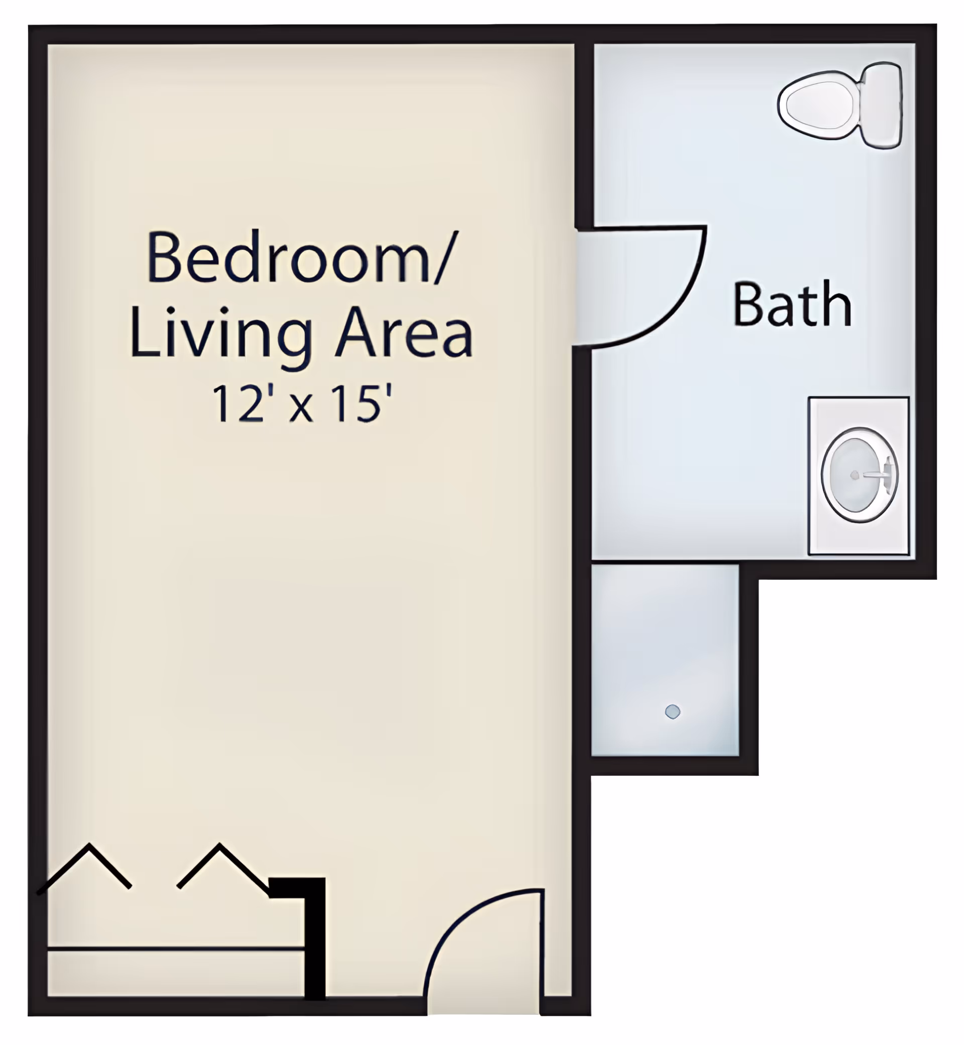 Floor plan of a small living space labeled Bedroom/Living Area measuring 12 feet by 15 feet, connected to a bathroom with a toilet, sink, and shower.