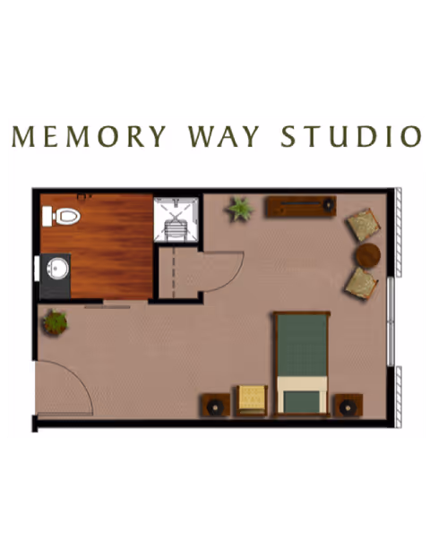 Floor plan of a studio apartment named Memory Way Studio, showing a bathroom with toilet and sink, a small closet, and a main living area with a bed, two chairs with a small round table, a long rectangular table, and two plants.