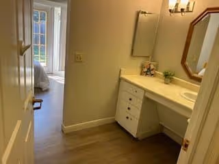 View of a bathroom vanity area with a sink, mirror, and light fixture above. The vanity has drawers and a small plant on the countertop. The bathroom floor is wood-style, and through an open door, a bedroom with a bed and window is visible.