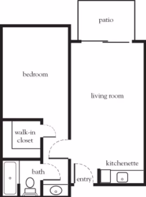Floor plan layout showing a bedroom with a walk-in closet, a bathroom, an entry area, a kitchenette, a living room, and a patio.
