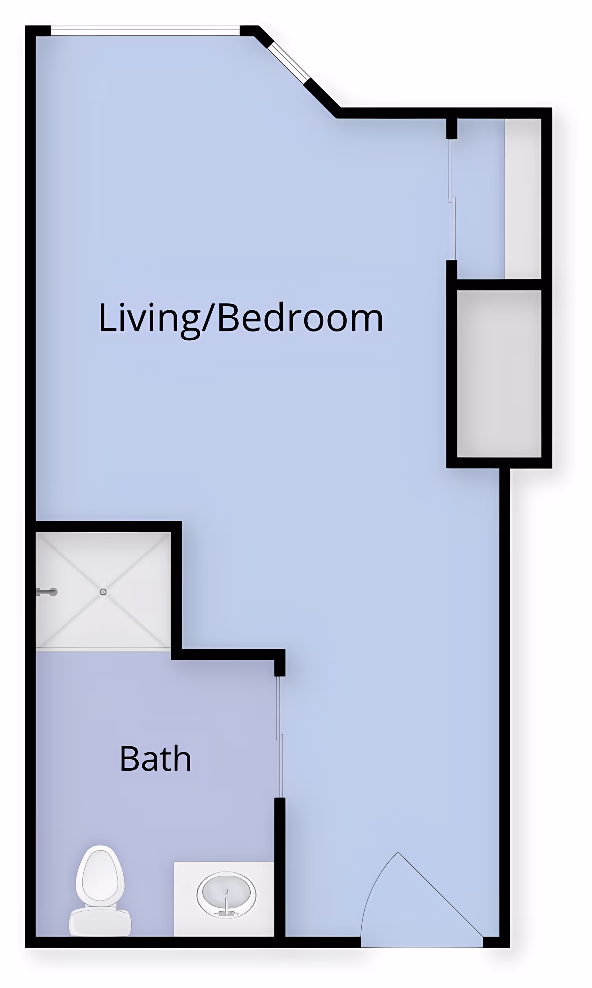 Floor plan of a living/bedroom area combined with a bathroom that includes a toilet, sink, and shower. The layout shows the entrance door and a closet space adjacent to the living/bedroom area.