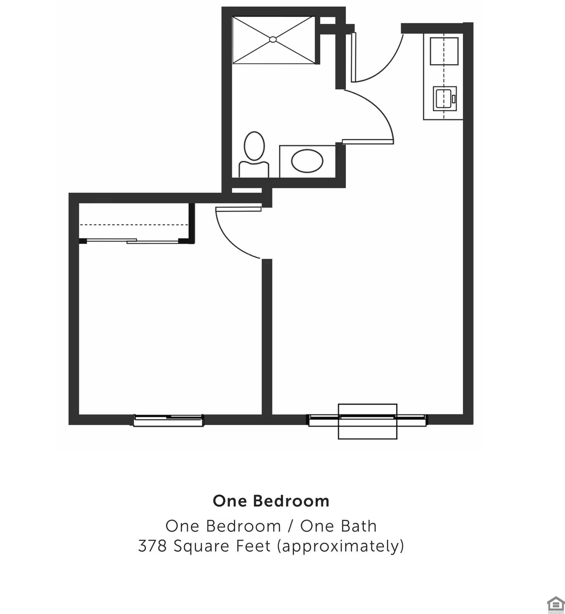 Black-and-white floor plan diagram of a one-bedroom, one-bath apartment layout.