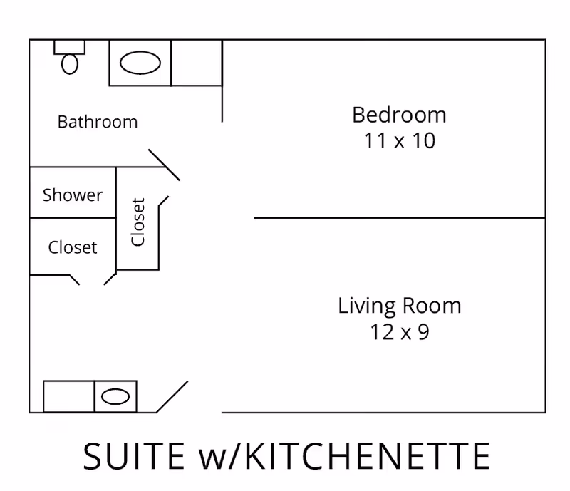 Floor plan of a suite with kitchenette showing a bedroom measuring 11 by 10 feet, a living room measuring 12 by 9 feet, a bathroom with a toilet and sink, a shower, and two closets.