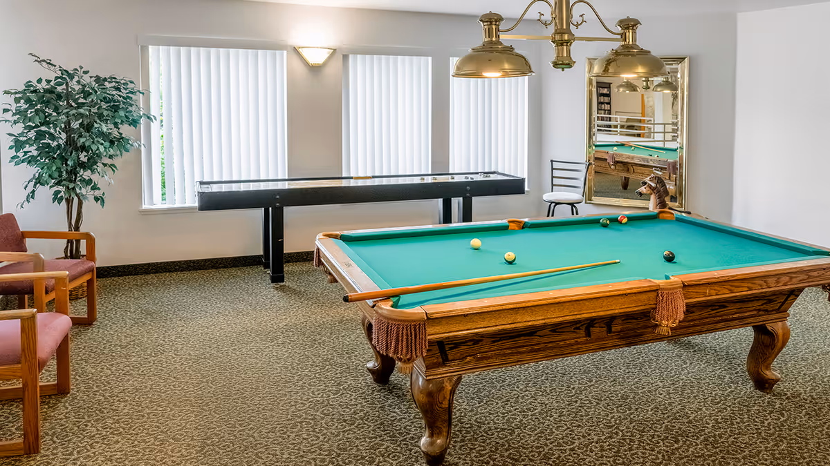 Interior recreation room with a pool table, shuffleboard table, chairs, a potted plant, and brass hanging lights.