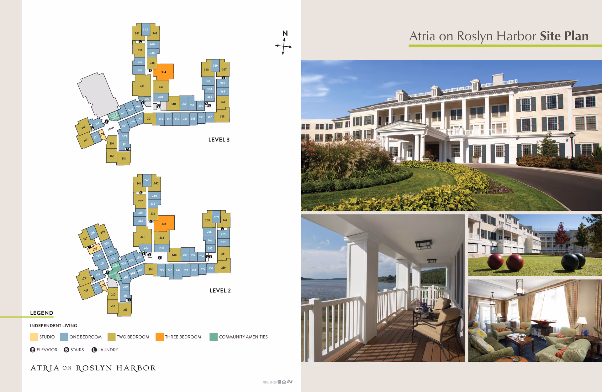 Atria on Roslyn Harbor site plan showing floor layouts for Level 2 and Level 3 with color-coded independent living units including studio, one-bedroom, two-bedroom, and three-bedroom apartments, along with community amenities. The right side features four photos: the front exterior of the building with a driveway and landscaped garden, a covered balcony with seating overlooking water, an outdoor lawn area with bocce balls, and a cozy living room with sofas and a pool table.