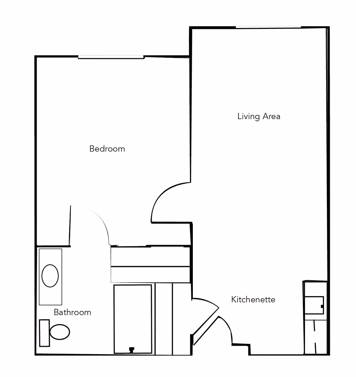 Floor plan layout showing a bedroom, bathroom, living area, and kitchenette in a senior living facility.