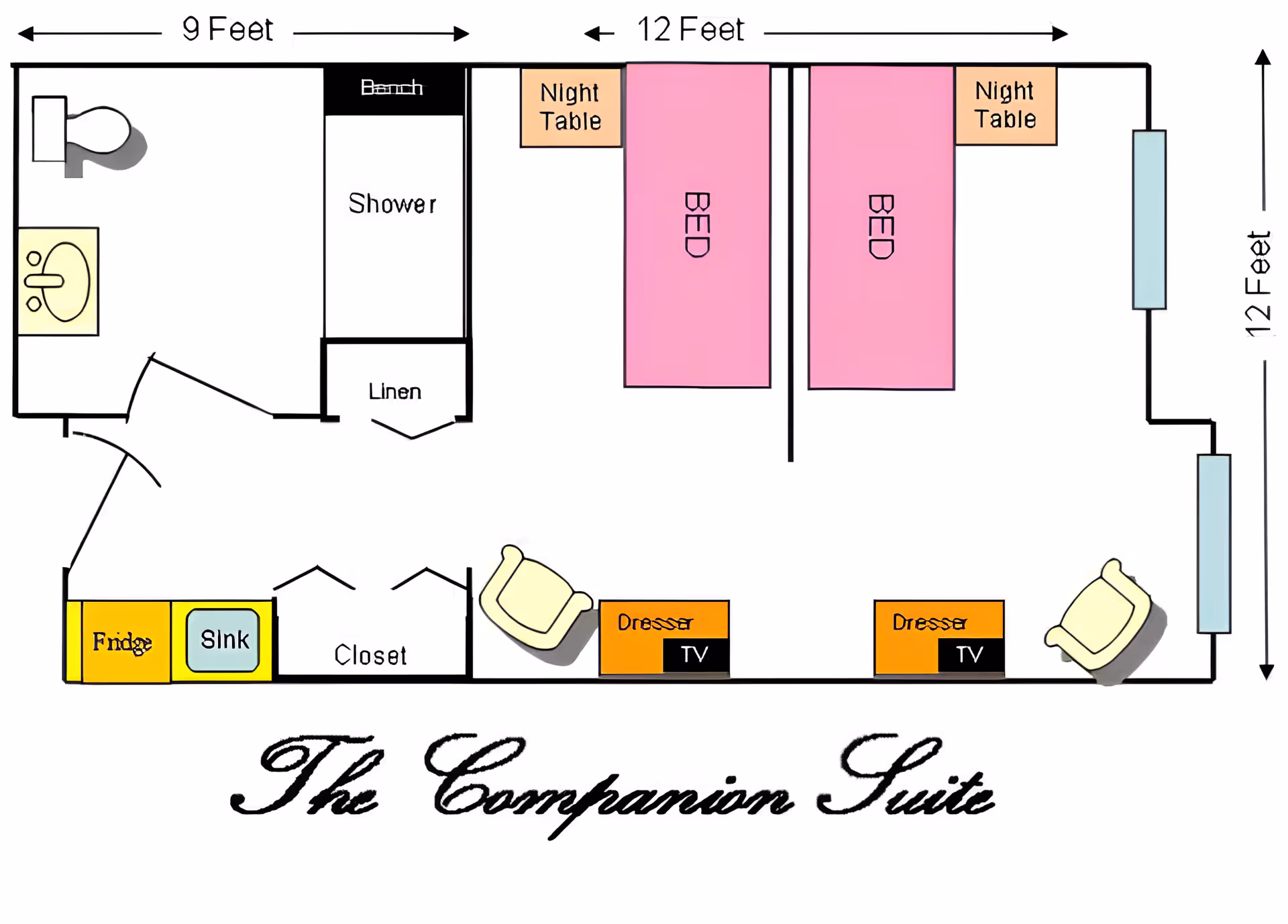 Colored floor plan titled 'The Companion Suite' showing two beds, a bathroom with shower, a small kitchenette (fridge and sink), closet, dressers, chairs and room dimensions.