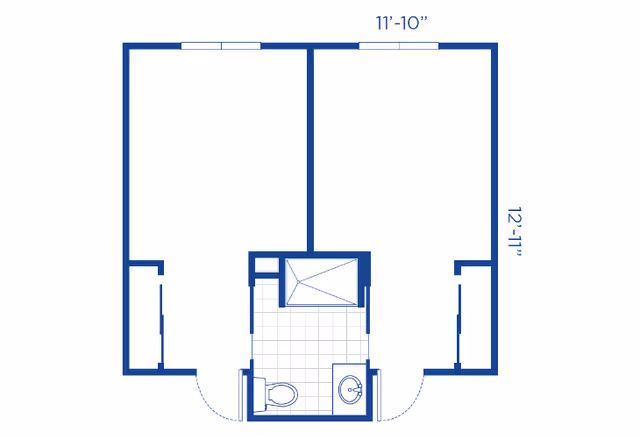 Architectural floor plan showing two adjacent rooms each with a closet, separated by a central bathroom that includes a toilet, sink, and shower. Dimensions are labeled as 11 feet 10 inches wide and 12 feet 11 inches long for the rooms.