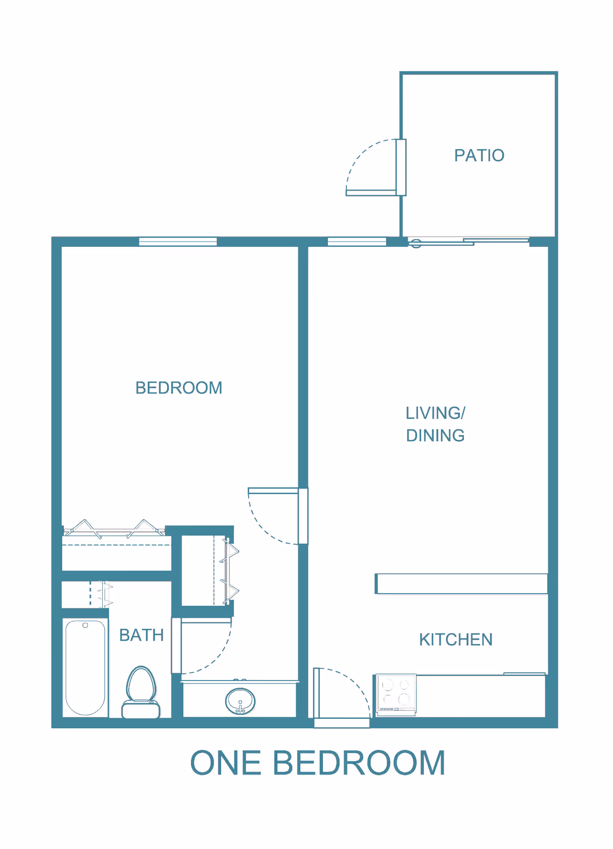 Floor plan of a one-bedroom apartment at Woodlands Village Senior Living Community showing a bedroom, bathroom, kitchen, living/dining area, and a patio.