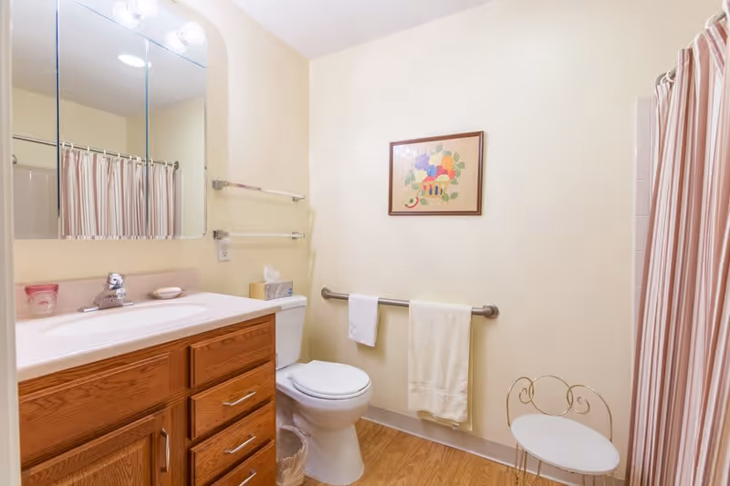 A clean bathroom with a wooden vanity cabinet, white sink, and a large mirror above it. There is a toilet next to the vanity with a tissue box on top. A towel rack with two towels is mounted on the wall above the toilet. A framed picture hangs above the towel rack. To the right, there is a shower with a striped shower curtain and a small white chair with a decorative backrest. The floor has a wood-like finish.
