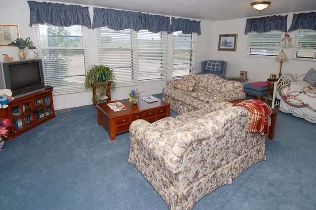 A cozy living room with floral patterned sofas, a wooden coffee table with magazines and a small flower arrangement, a TV on a wooden stand, blue carpet, and windows with blue valance curtains letting in natural light.