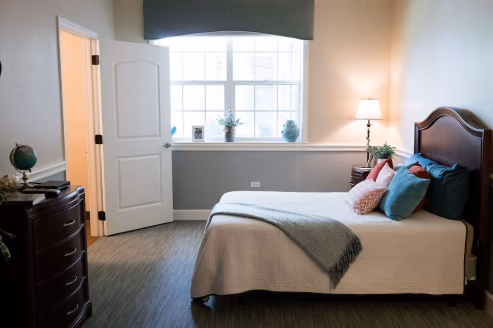 A tidy bedroom with a bed dressed in pillows and a throw, a wooden headboard, bedside lamp, dresser and a large window.