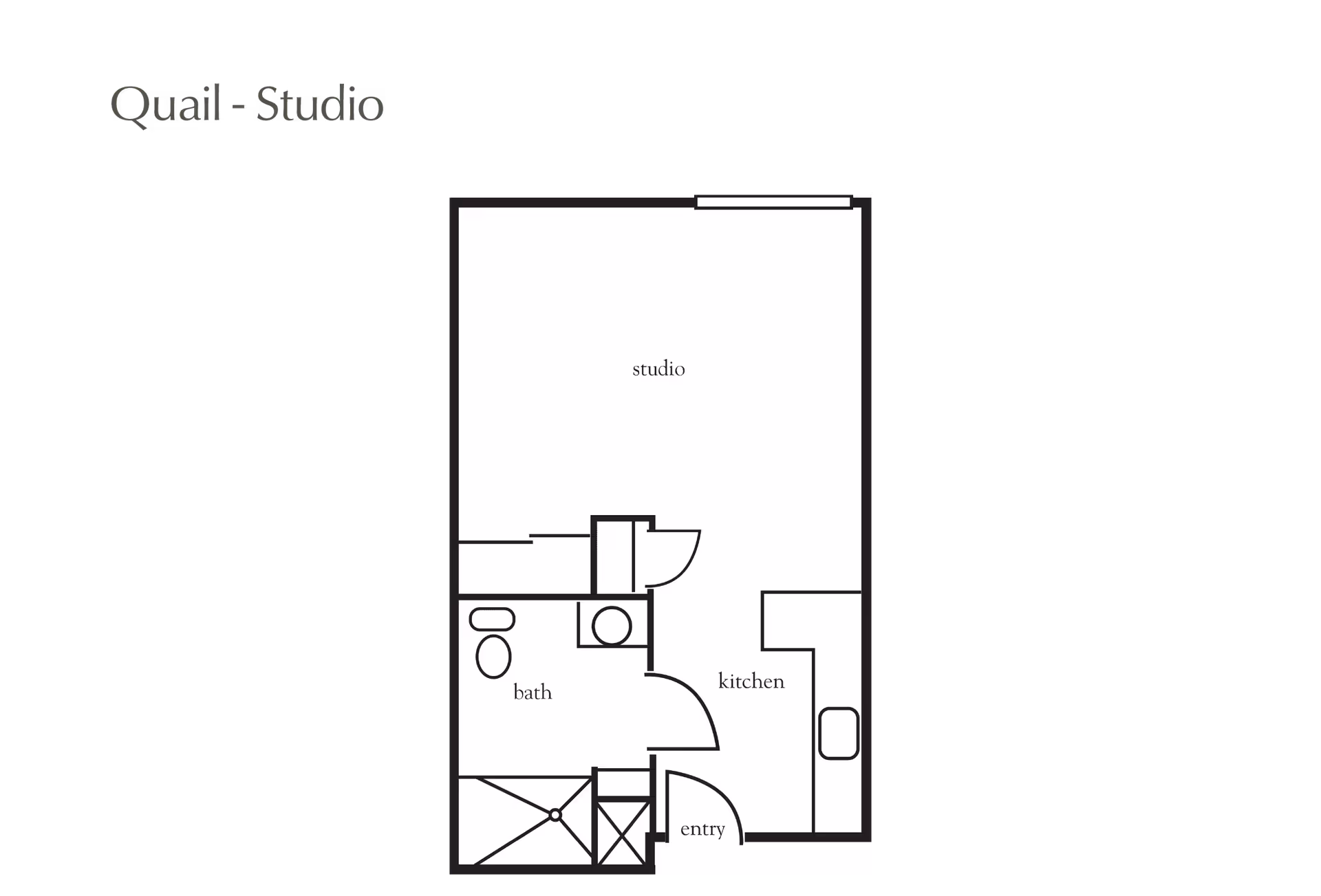 Black-and-white floor plan titled "Quail - Studio" showing a studio layout with labeled studio area, kitchen, bath, and entry.
