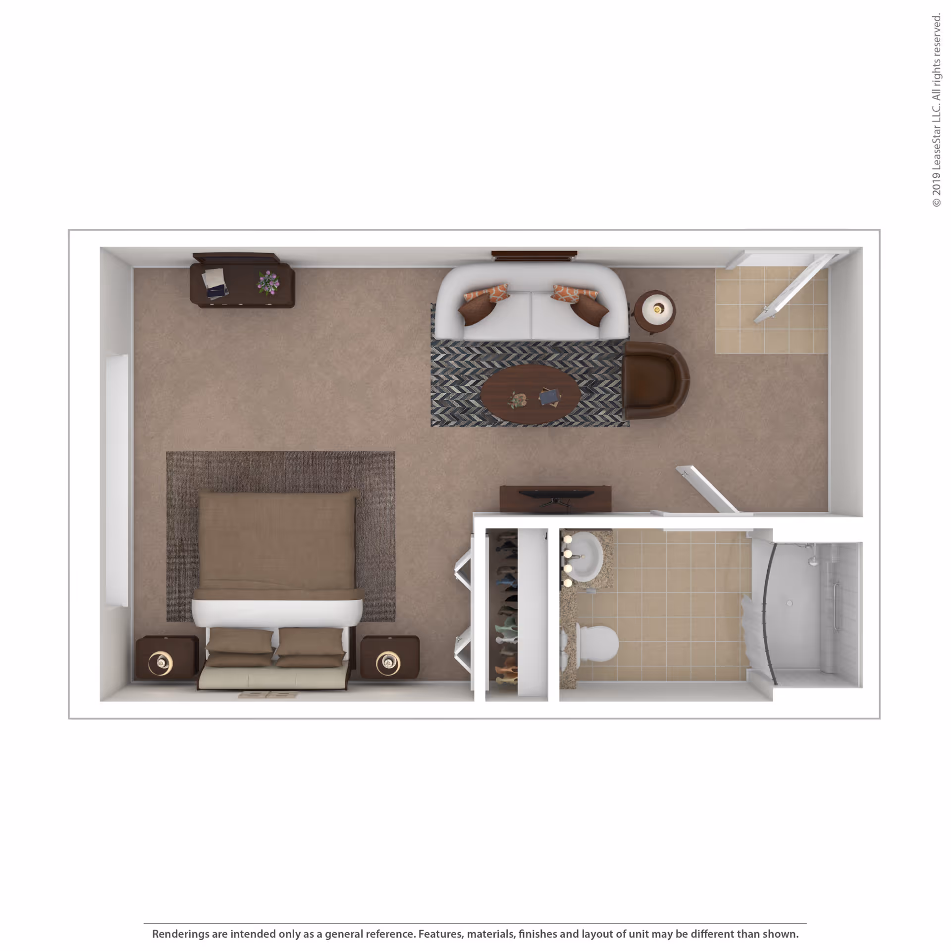 Top-down floor plan of a senior living unit featuring a bedroom with a bed, two nightstands, and a dresser; a living area with a sofa, armchair, coffee table, and side table; a bathroom with a sink, toilet, and shower; and a closet space between the bedroom and bathroom.