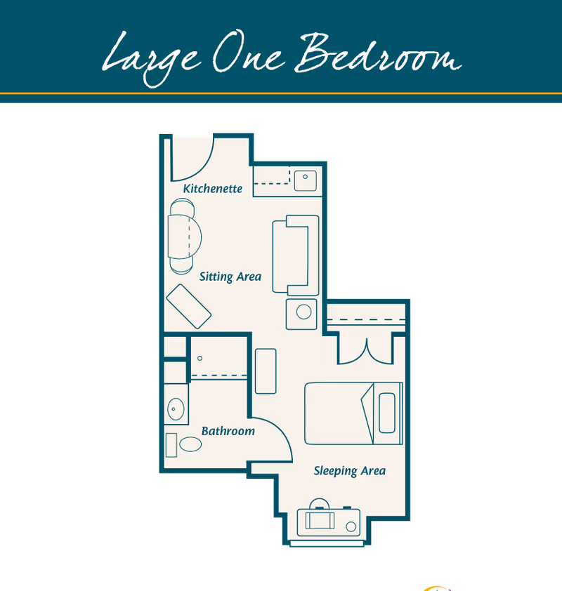 Floor plan of a large one-bedroom apartment showing a kitchenette, sitting area, bathroom, and sleeping area with labeled furniture and fixtures.