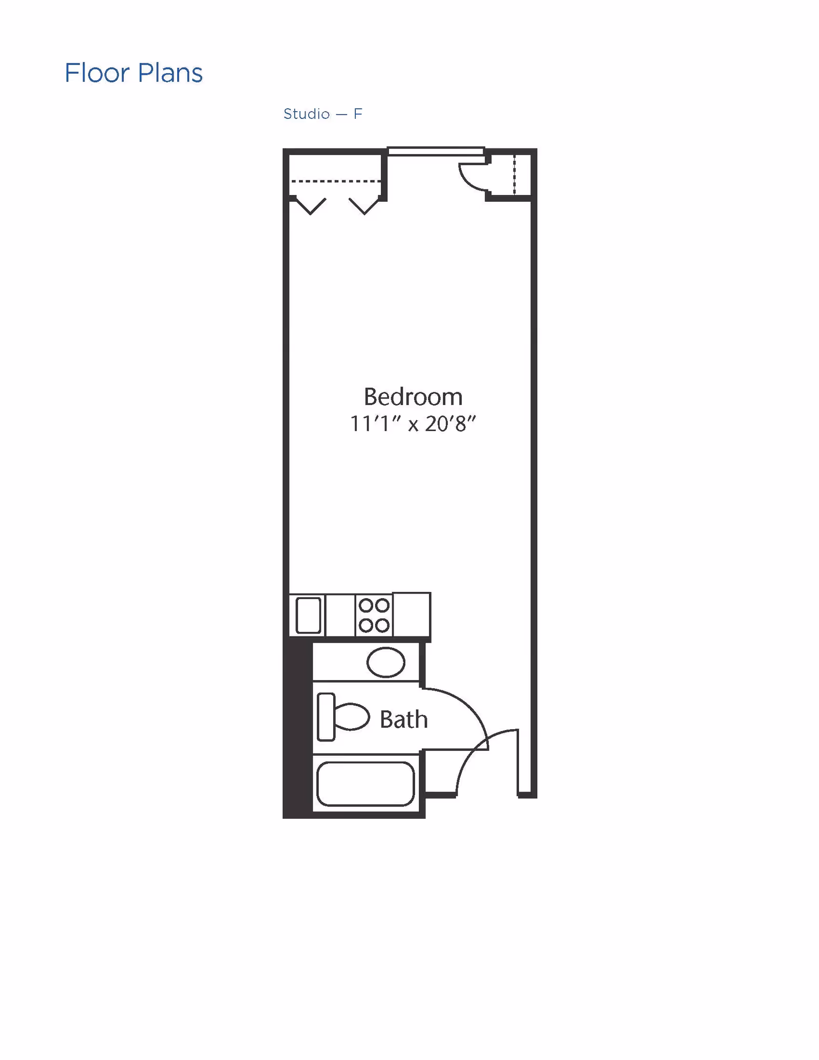Floor plan of a studio apartment labeled Studio F, showing a bedroom area measuring 11 feet 1 inch by 20 feet 8 inches, a bathroom with a bathtub, toilet, and sink, and a small kitchen area with a stove and sink.