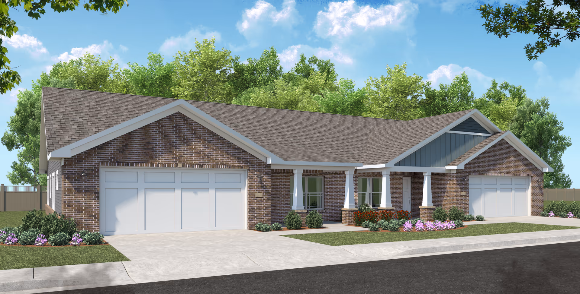 Exterior front view of a single-story brick residential building with two garages, white trim, and a covered porch area. The building is surrounded by green trees and landscaped with bushes and flowers under a blue sky with some clouds.