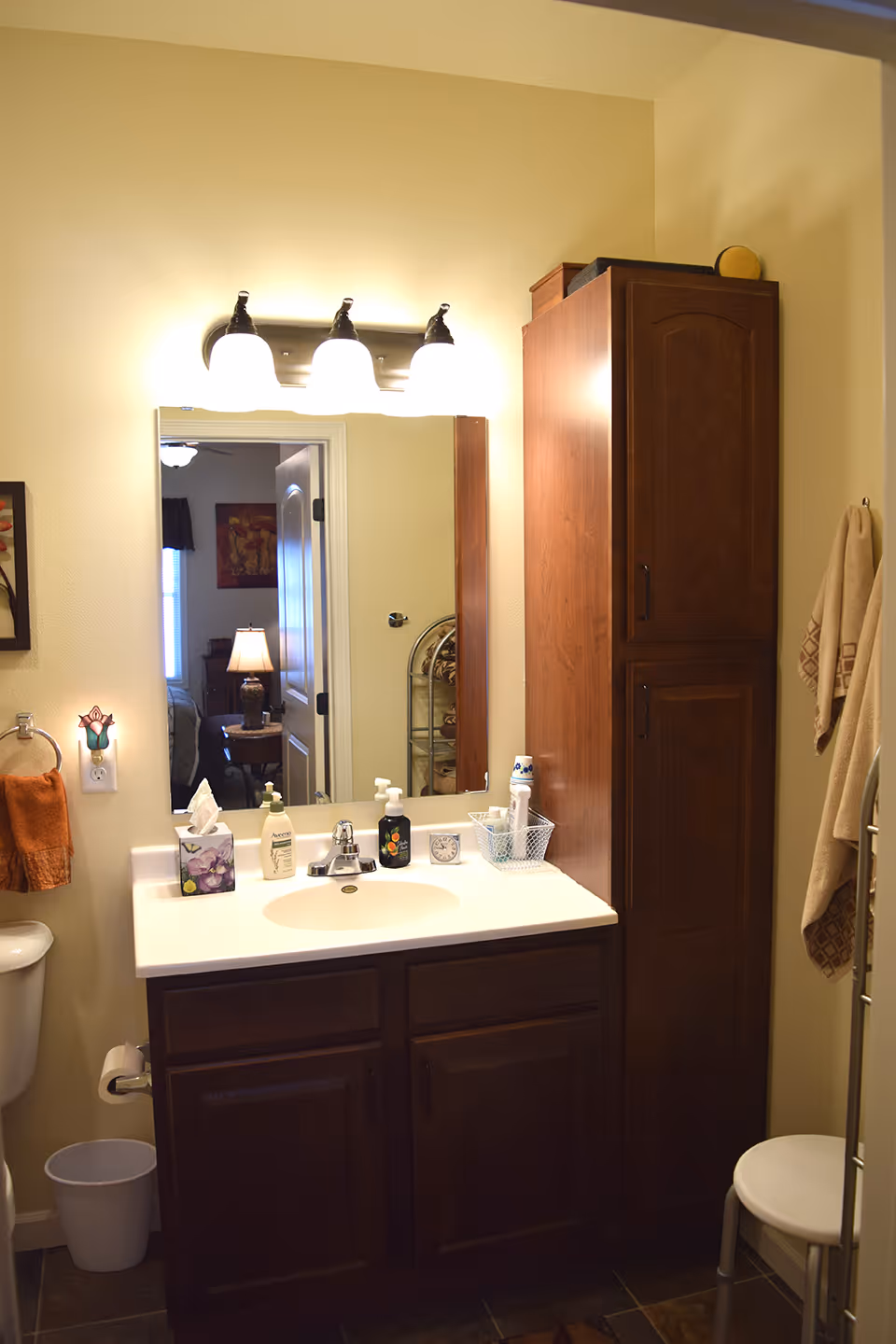 Bathroom vanity with a white sink, mirror, three-light fixture, and a tall wooden storage cabinet.