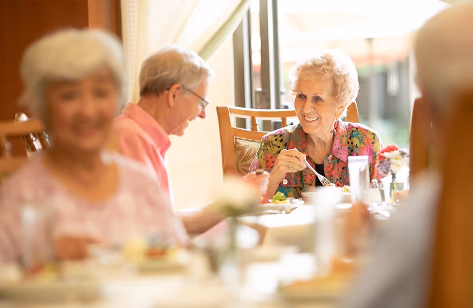 A group of elderly people sitting around a dining table, enjoying a meal and engaging in conversation in a bright, warmly lit room with large windows.