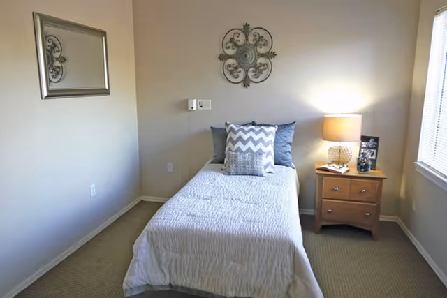 A small bedroom with a single bed covered in a white quilt and decorated with three pillows in gray and white patterns. There is a wooden nightstand next to the bed with a lamp, a photo frame, and some small items. A decorative metal wall art piece hangs above the bed, and a rectangular mirror is mounted on the adjacent wall. The room has beige walls and carpeted floor, with a window on the right side letting in natural light.