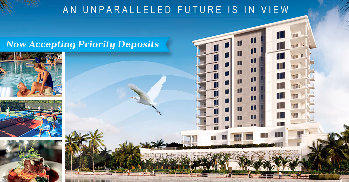 Promotional image of a multi-story waterfront retirement community building with inset activity photos and a banner reading 'Now Accepting Priority Deposits'.