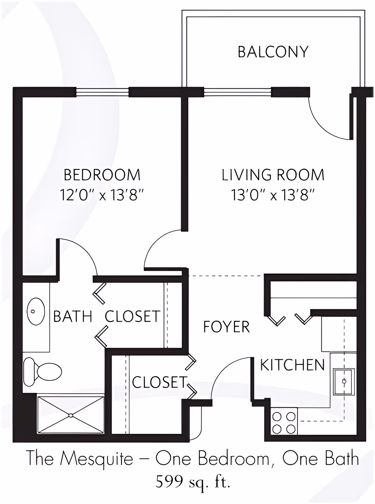 Floor plan titled 'The Mesquite' showing a one-bedroom, one-bath 599 sq. ft. apartment with labeled bedroom, living room, kitchen, bath, closets, foyer and balcony.