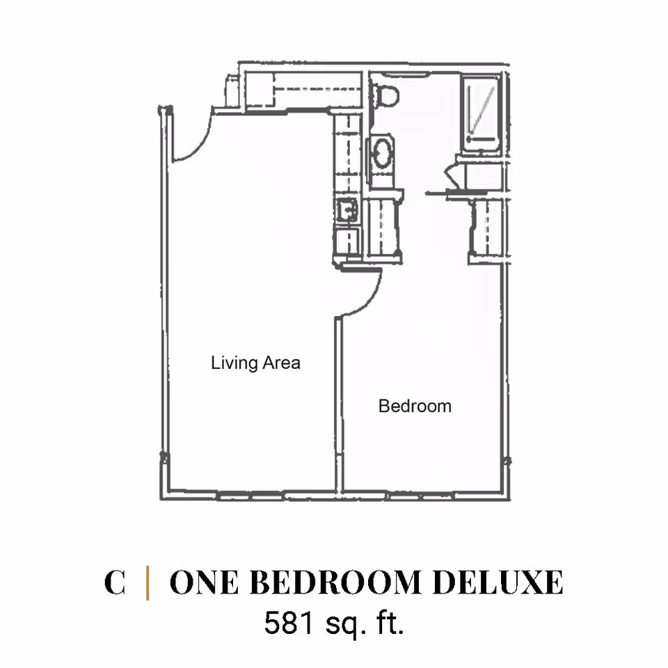 Black-and-white floor plan labeled "One Bedroom Deluxe" showing a living area, bedroom, kitchen, bathroom and 581 sq. ft.