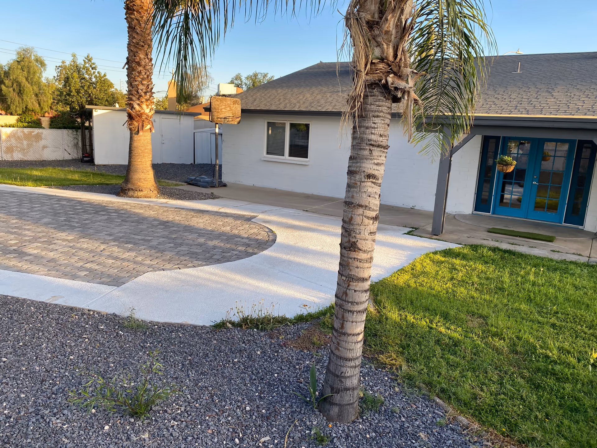 Front yard with palm trees, a circular paved driveway, and a white building featuring blue double doors.
