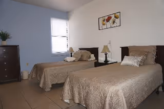 A bedroom with two single beds covered with beige patterned bedspreads. Each bed has pillows and a bedside table with a lamp between them. There is a chest of drawers with a plant on top near a window with blinds. A framed picture of flowers hangs on the wall above the beds.