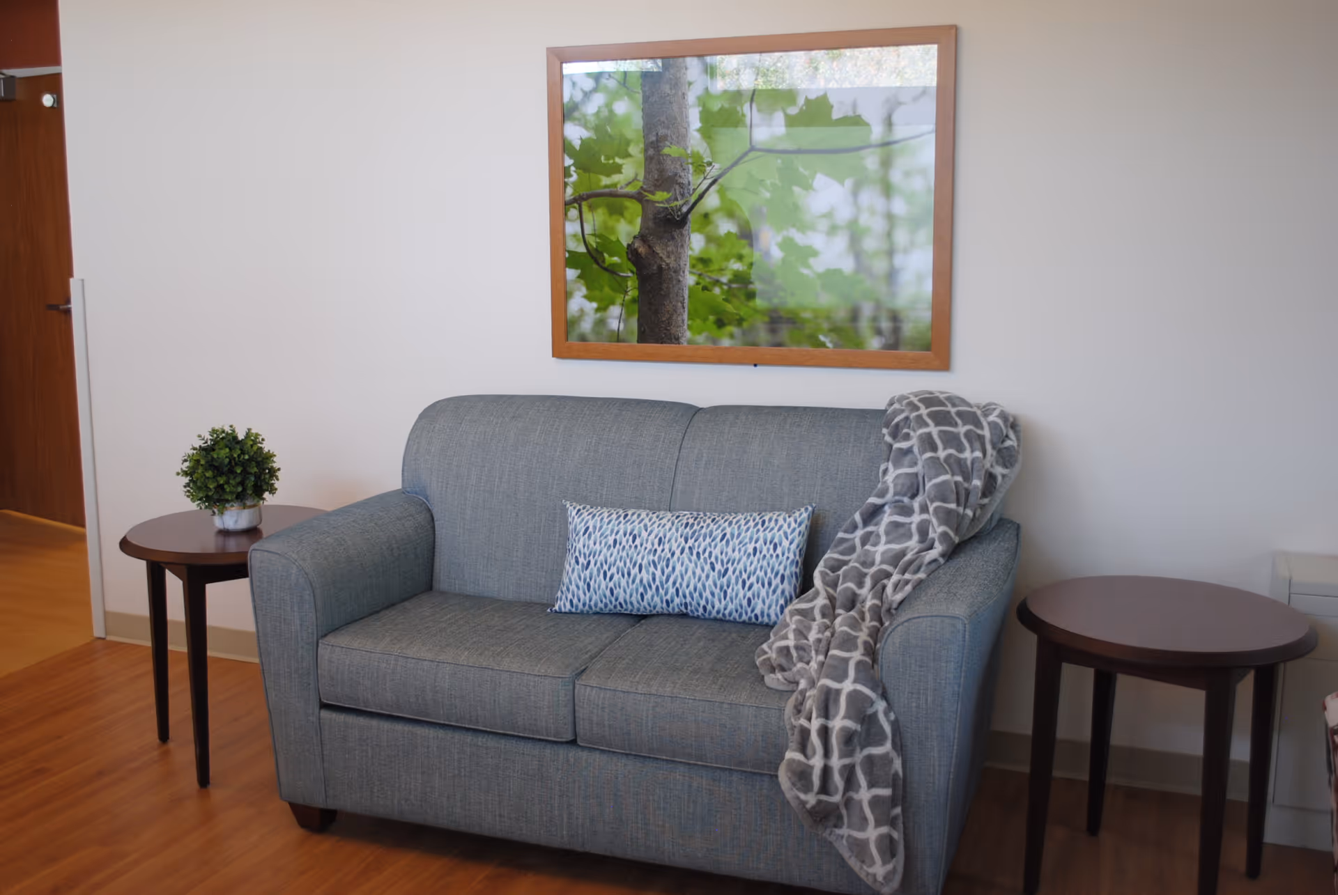 A small gray loveseat with a patterned throw blanket draped over one arm and a decorative pillow in the center. On either side of the loveseat are round wooden side tables, one with a small potted plant. Above the loveseat hangs a framed picture of green leaves on a tree. The room has wooden flooring and a white wall.