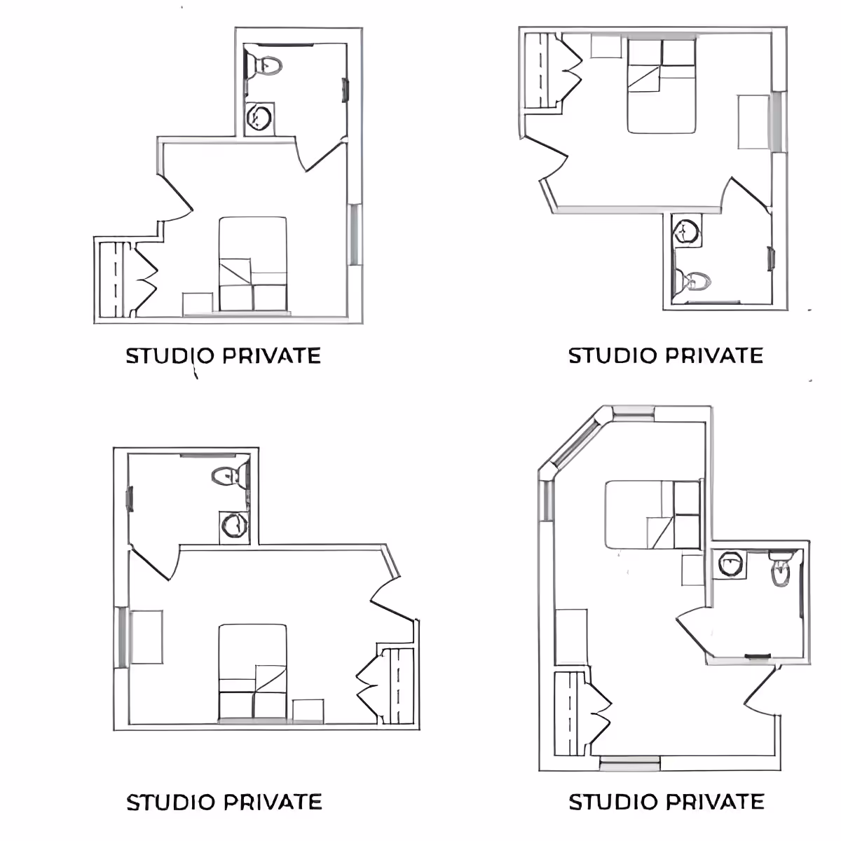 Four different studio private apartment floor plans from Aspen Woods Memory Care of Vernon Hills, each showing a layout with a bed, closet, and bathroom with toilet and sink.