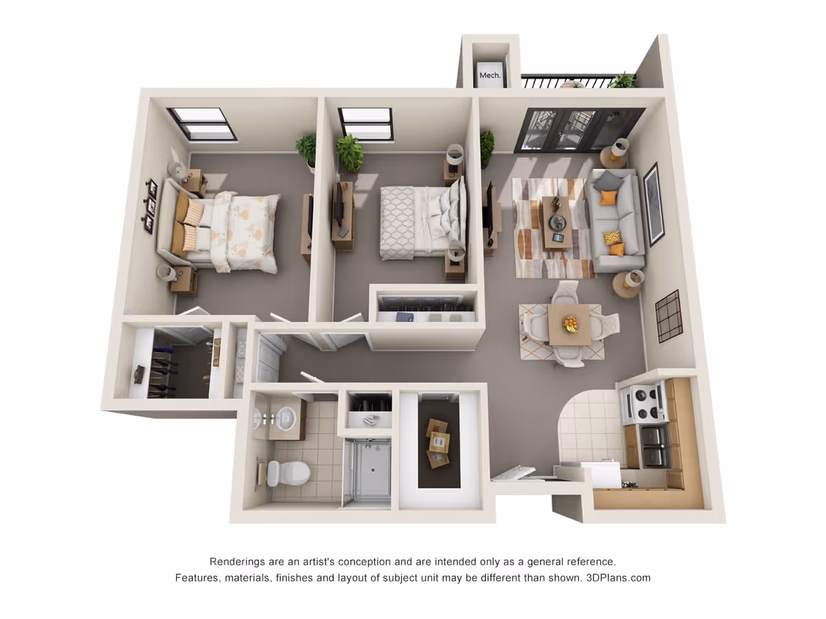 3D floor plan of a two-bedroom apartment featuring a living room with a sofa, coffee table, and TV, a dining area with a table and four chairs, a kitchen with appliances, a bathroom with a shower, toilet, and sink, and two bedrooms each with a bed, nightstands, and windows.